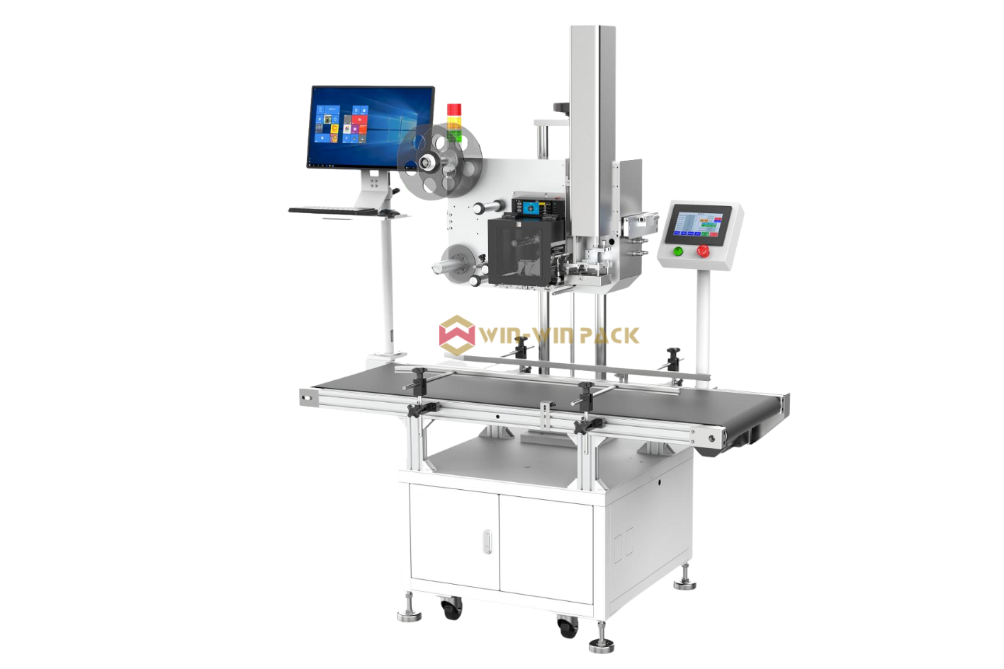 Fully automatic flat-surface print & labeling machine with conveyor (electric type)